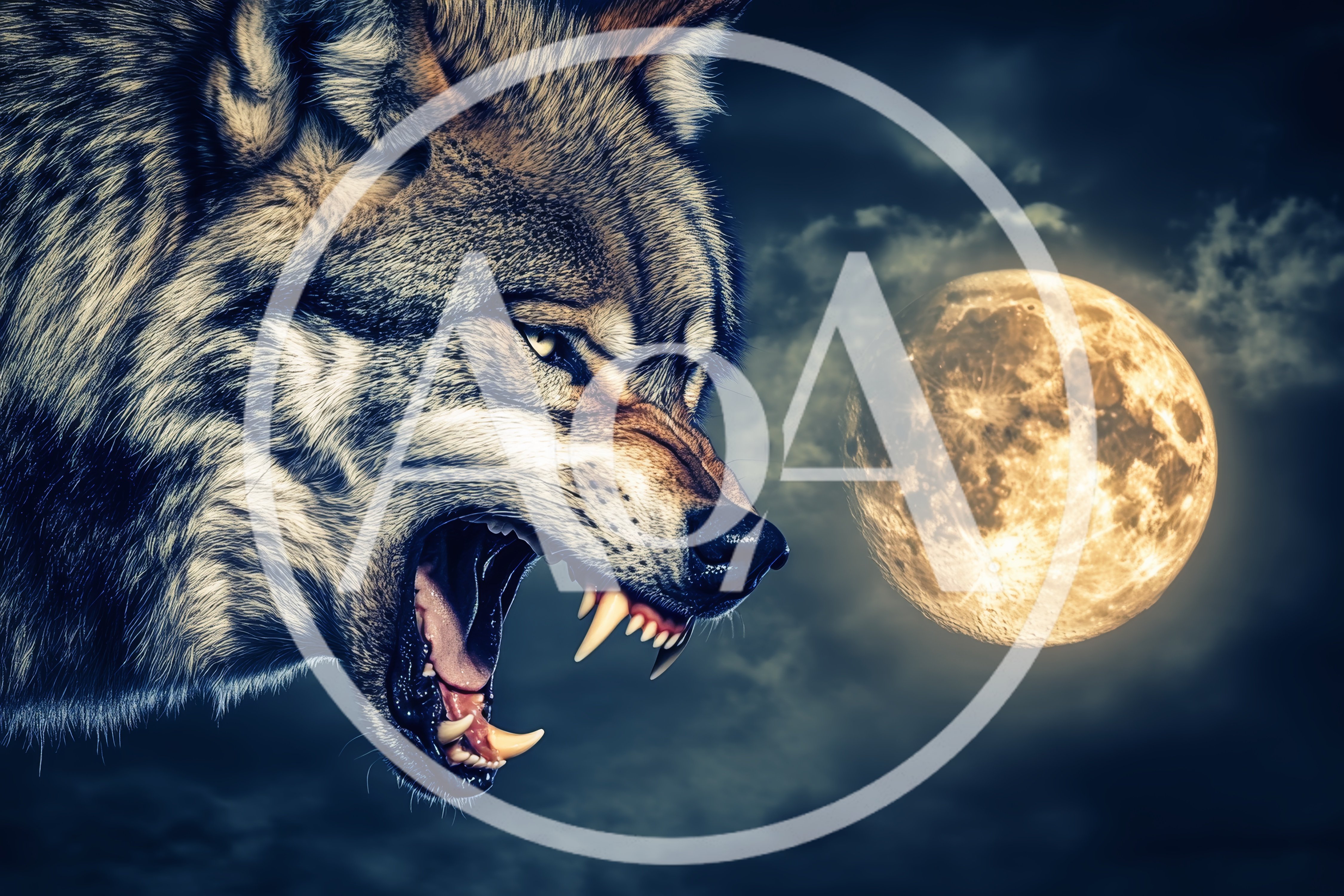 Aggressive Wolf Snarling Under A Full Moon