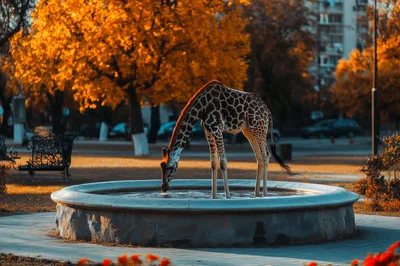 Giraffe Drinking Water From A Park Fountain