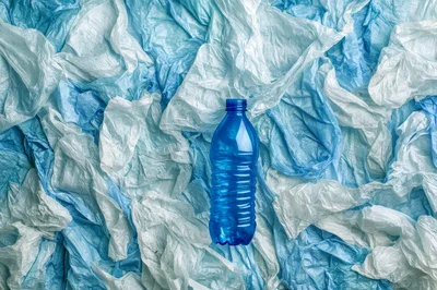 Blue Plastic Bottle On Crumpled Plastic Bags