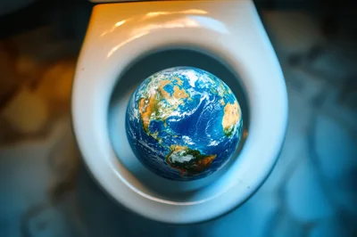Earth Globe Floating Inside A White Toilet Bowl