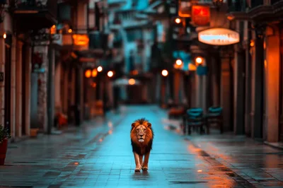 Majestic Lion Walking Down A Quiet European City Street
