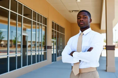 Confident Young African American Businessman Standing Outside Office