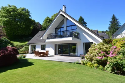 Modern A-Frame House With Wooden Deck And Garden