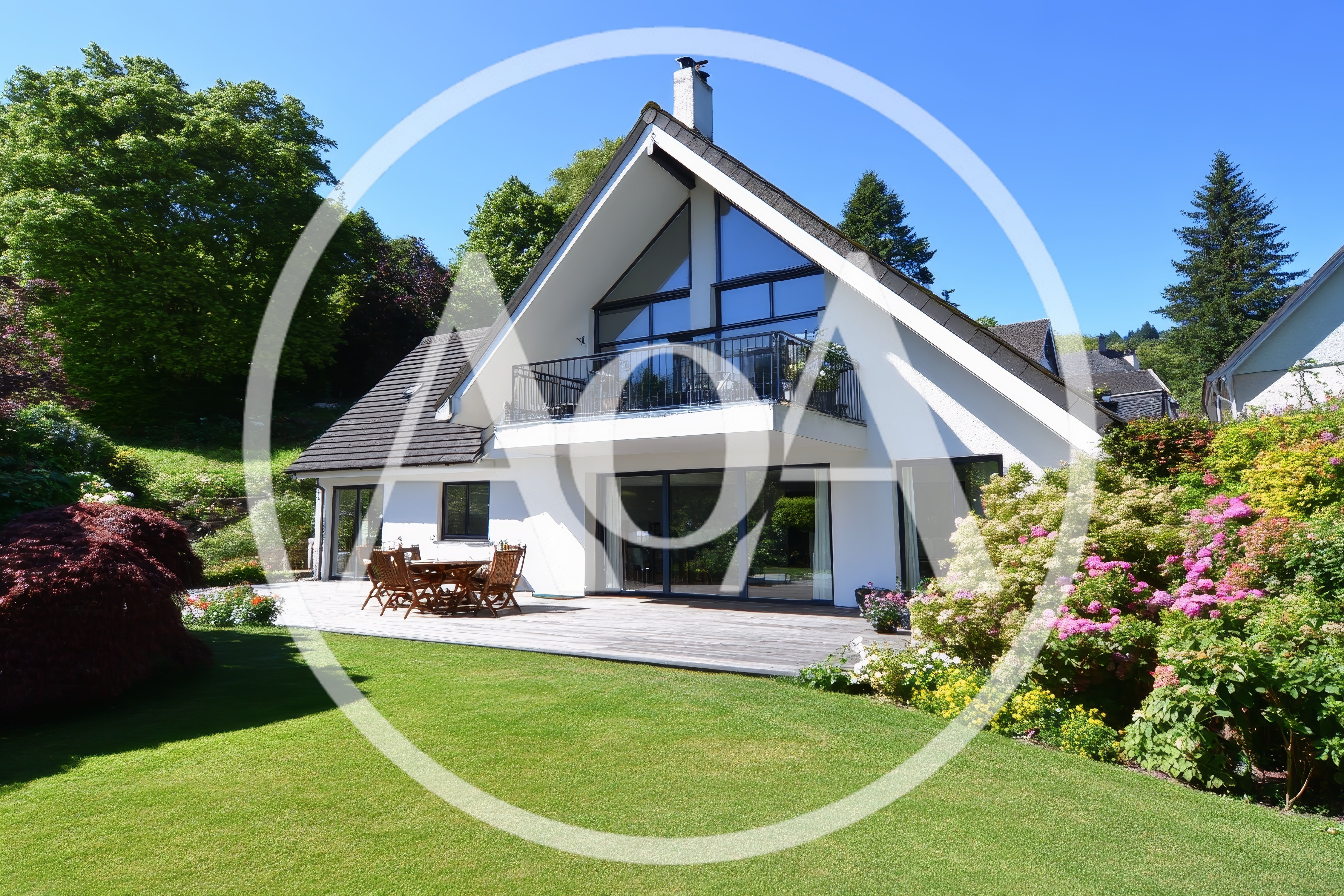 Modern A-Frame House With Wooden Deck And Garden