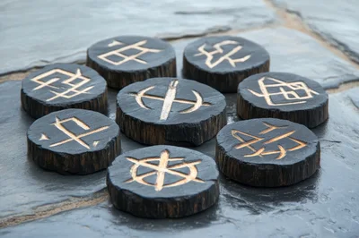 Handcrafted Wooden Runes Arranged On A Slate Surface