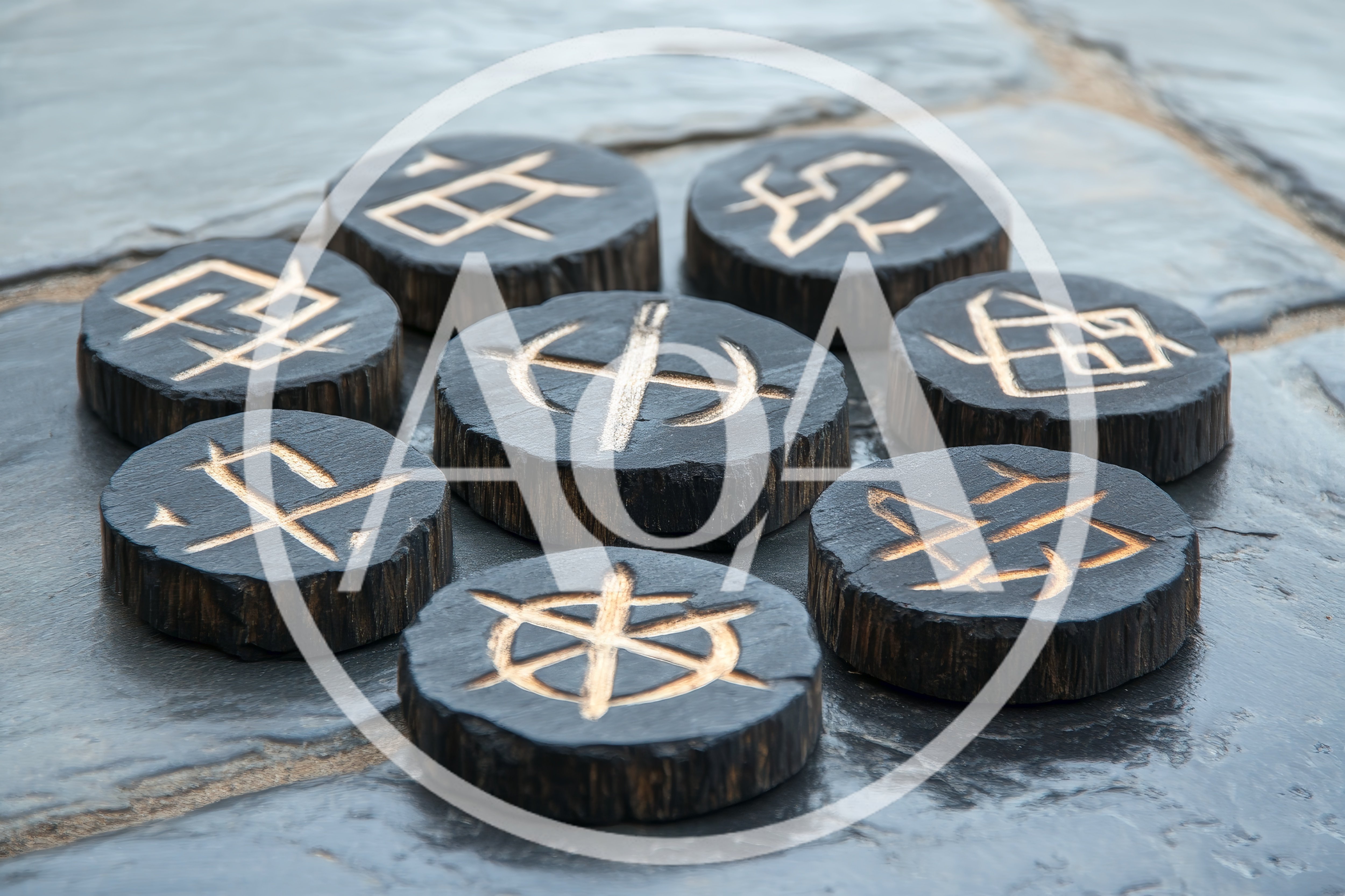 Handcrafted Wooden Runes Arranged On A Slate Surface