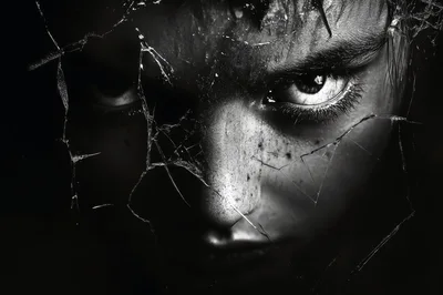Close Up Portrait Of A Person Behind Shattered Glass