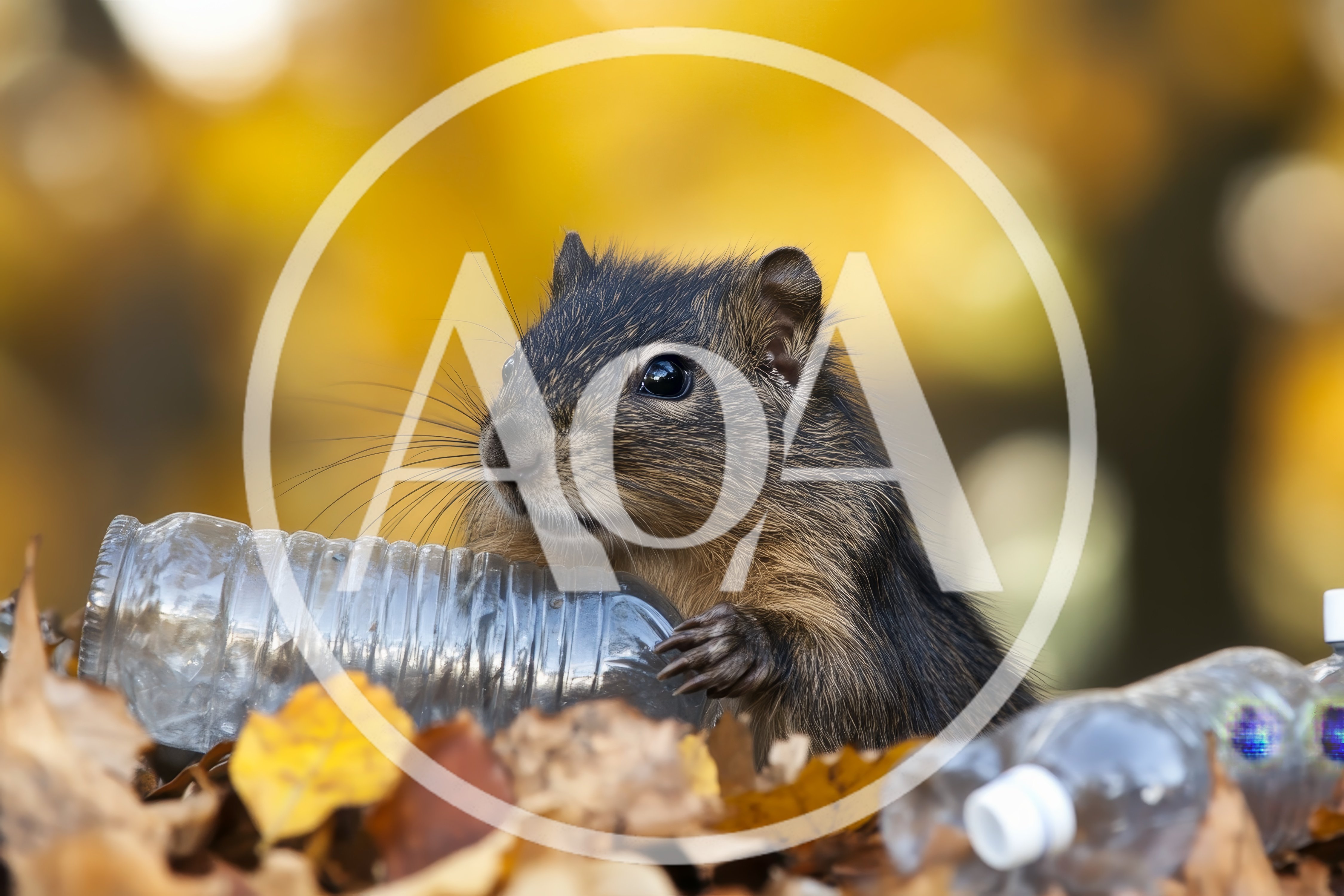 Squirrel Interacting With Plastic Bottles In Autumn Leaves