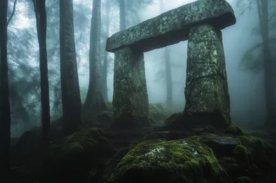 Ancient Stone Archway In A Misty Forest