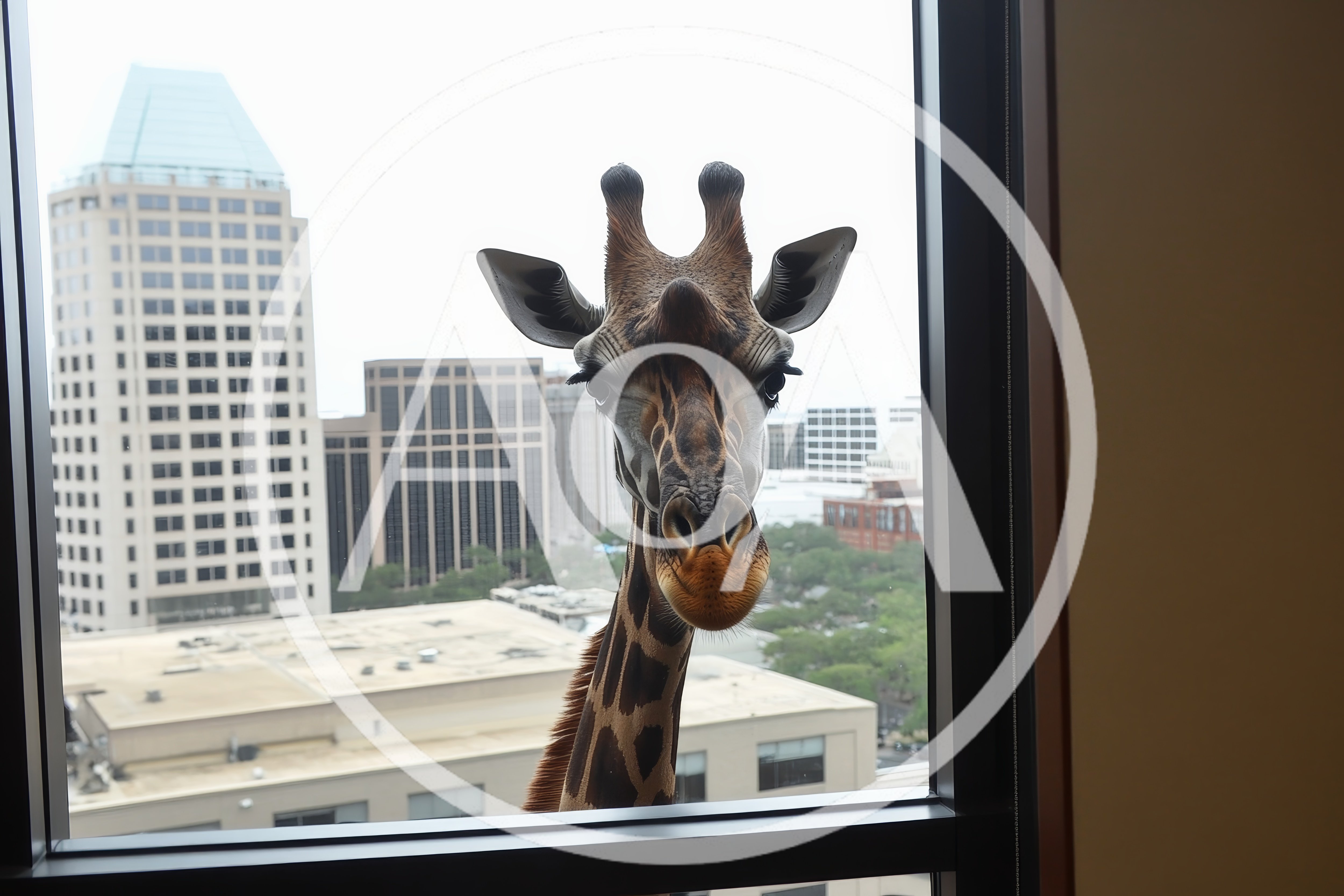 Giraffe Looking Through A High Rise Office Window