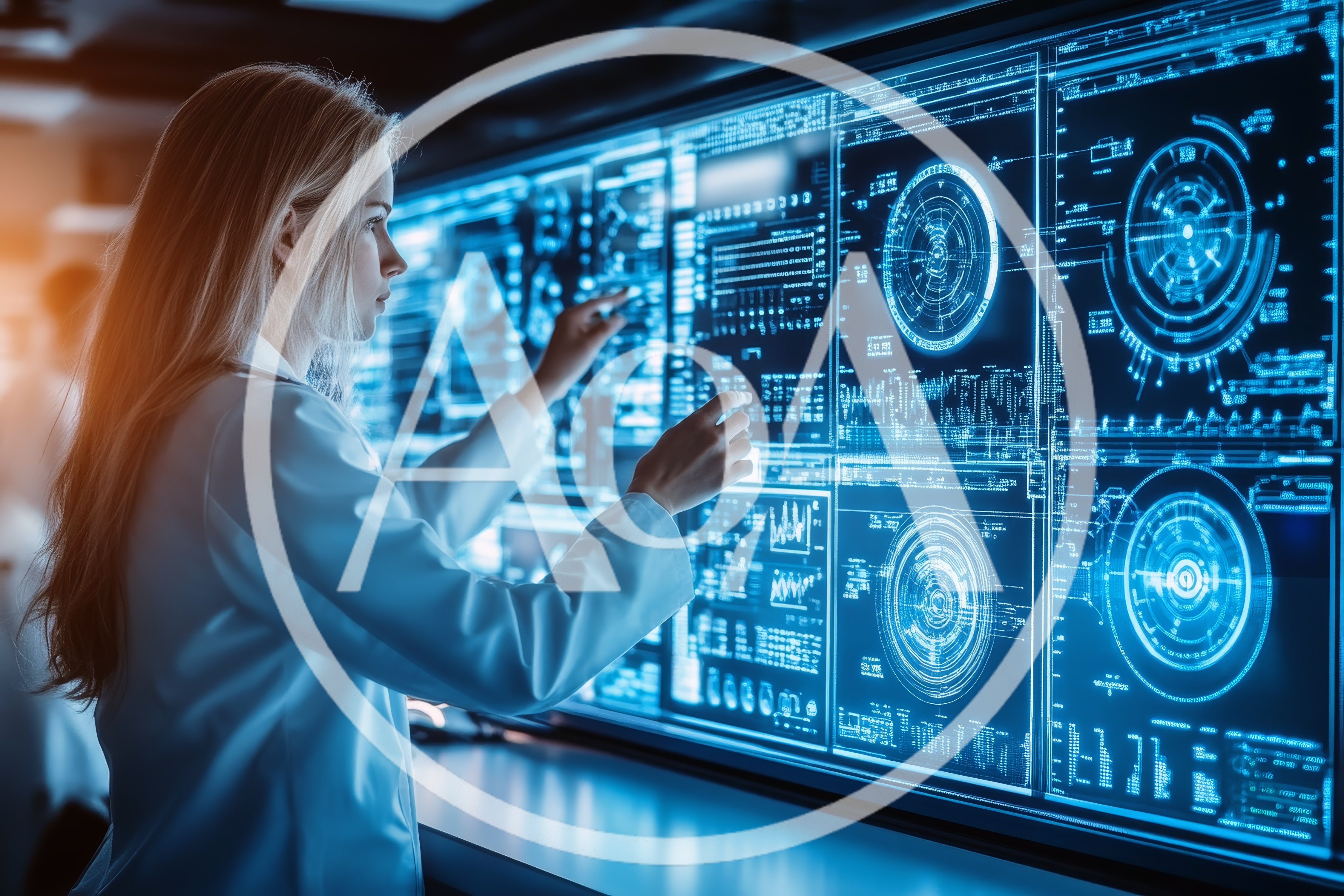 Female Scientist Interacting With Futuristic Digital Data Interface