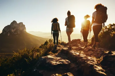 Four Women Hiking On A Mountain Trail At Sunset