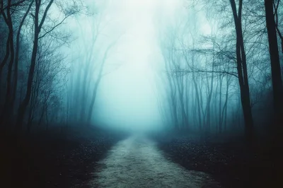 Eerie Foggy Path Through A Dark Winter Forest