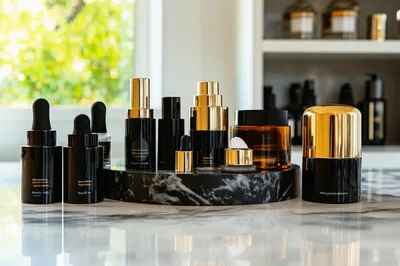 Luxury Skincare Products Arranged On Marble Display