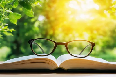 Open Book With Reading Glasses On A Sunny Day