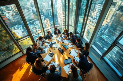 Corporate Team Meeting in High Rise Office