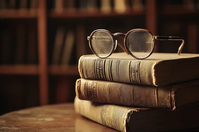 Vintage Round Glasses Resting On A Stack Of Books