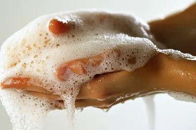 Hands Covered In Thick White Soap Suds