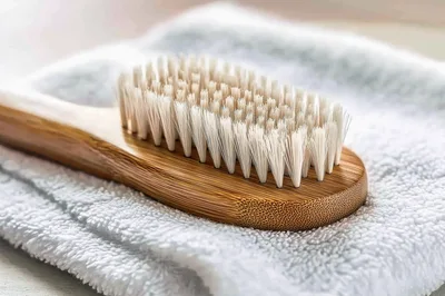 Wooden Body Brush Resting On A Soft White Towel