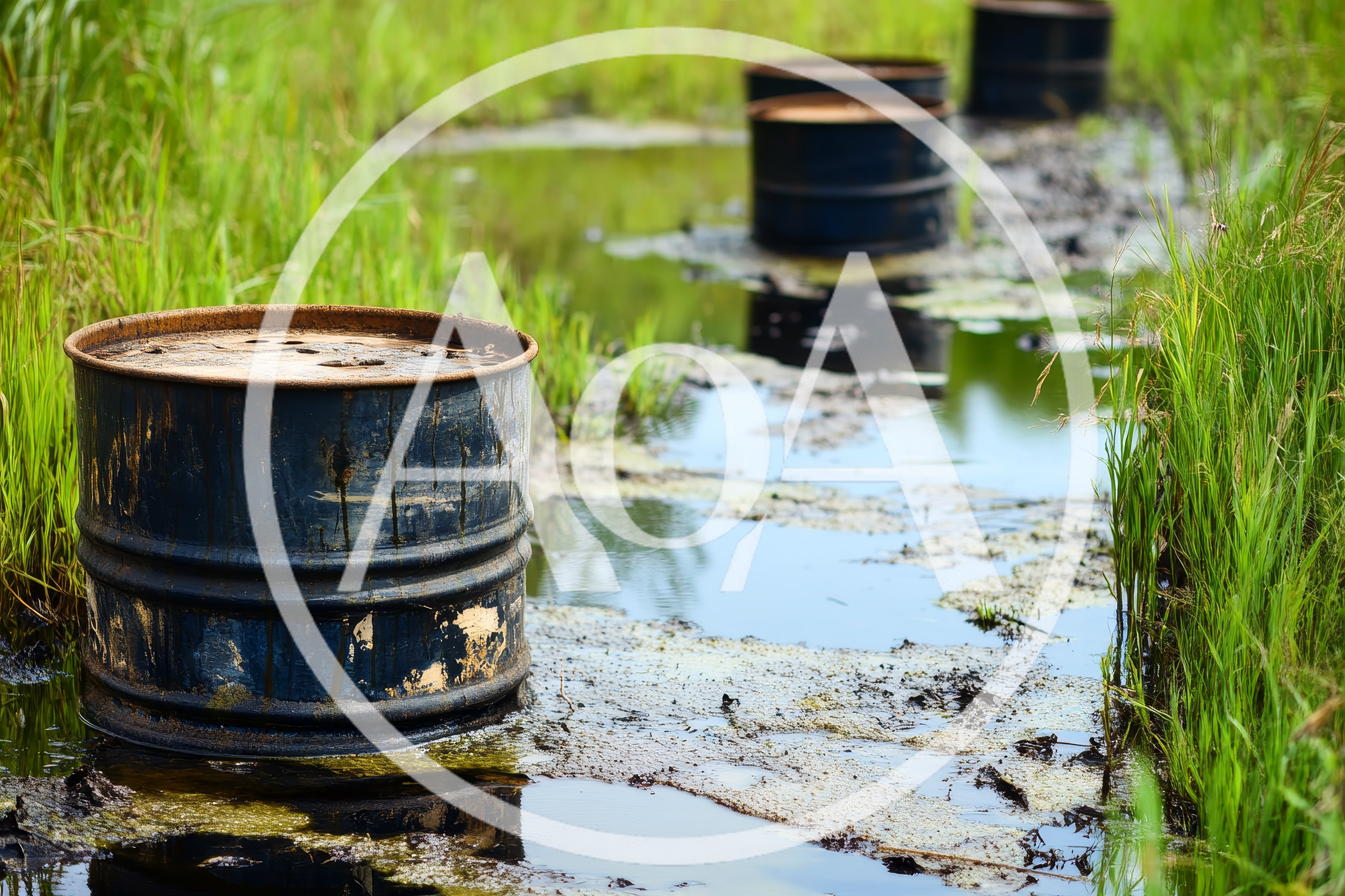 Discarded Industrial Oil Barrels Polluting A Wetland Marsh
