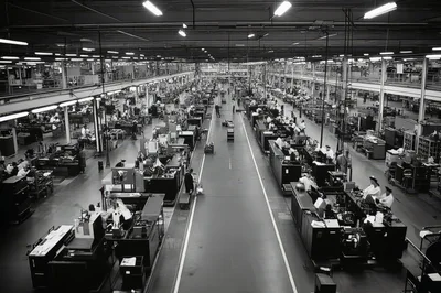 Wide Angle View Of A Busy Industrial Manufacturing Factory