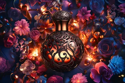 Ornate Perfume Bottle Surrounded By Glowing Floral Decorations