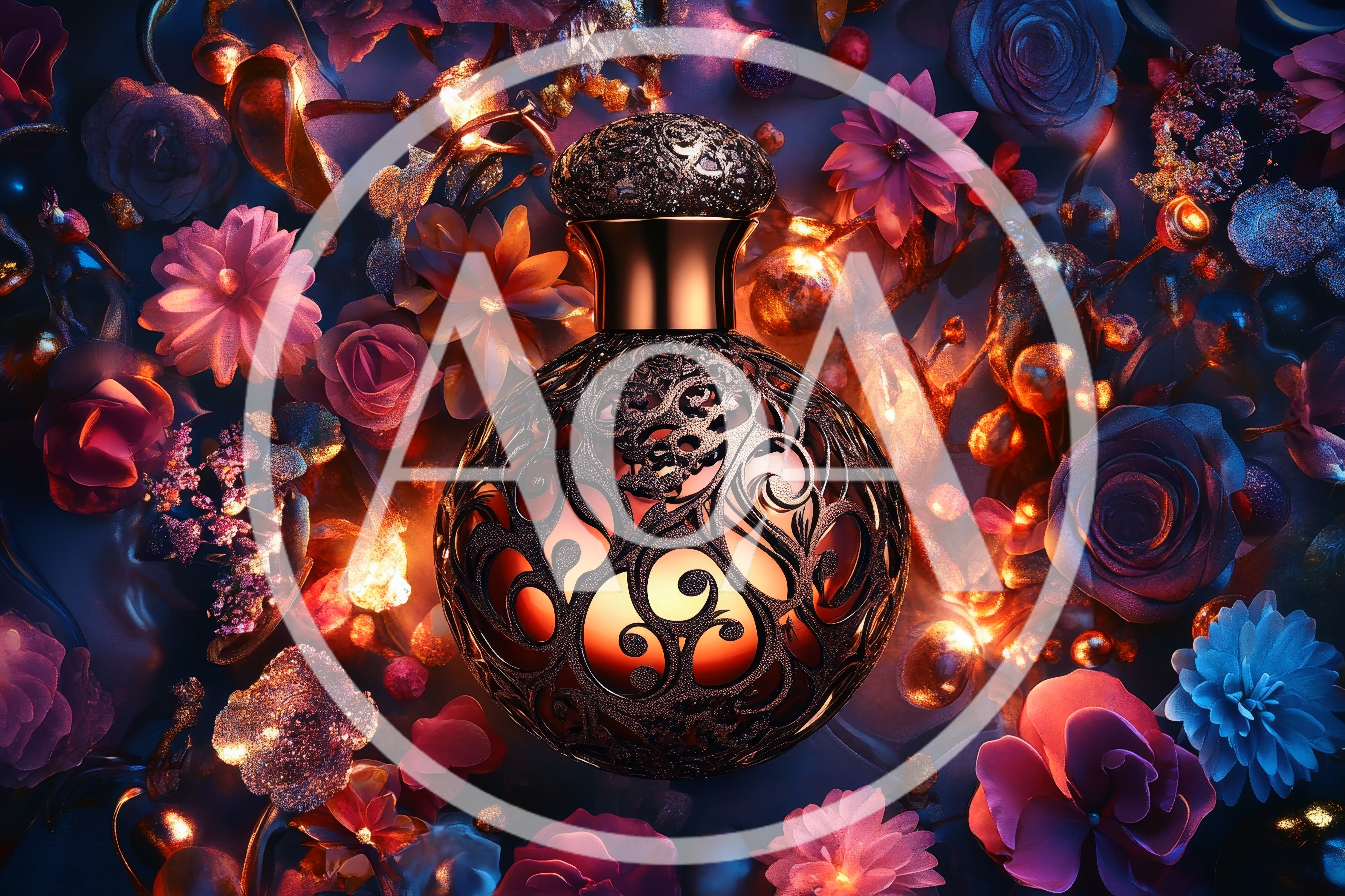 Ornate Perfume Bottle Surrounded By Glowing Floral Decorations