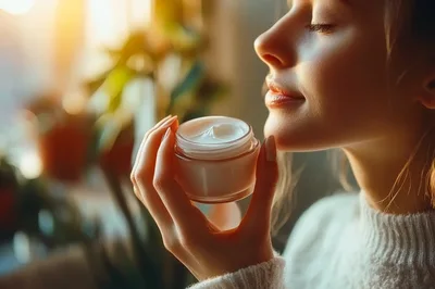 Woman Smelling A Jar Of Face Cream