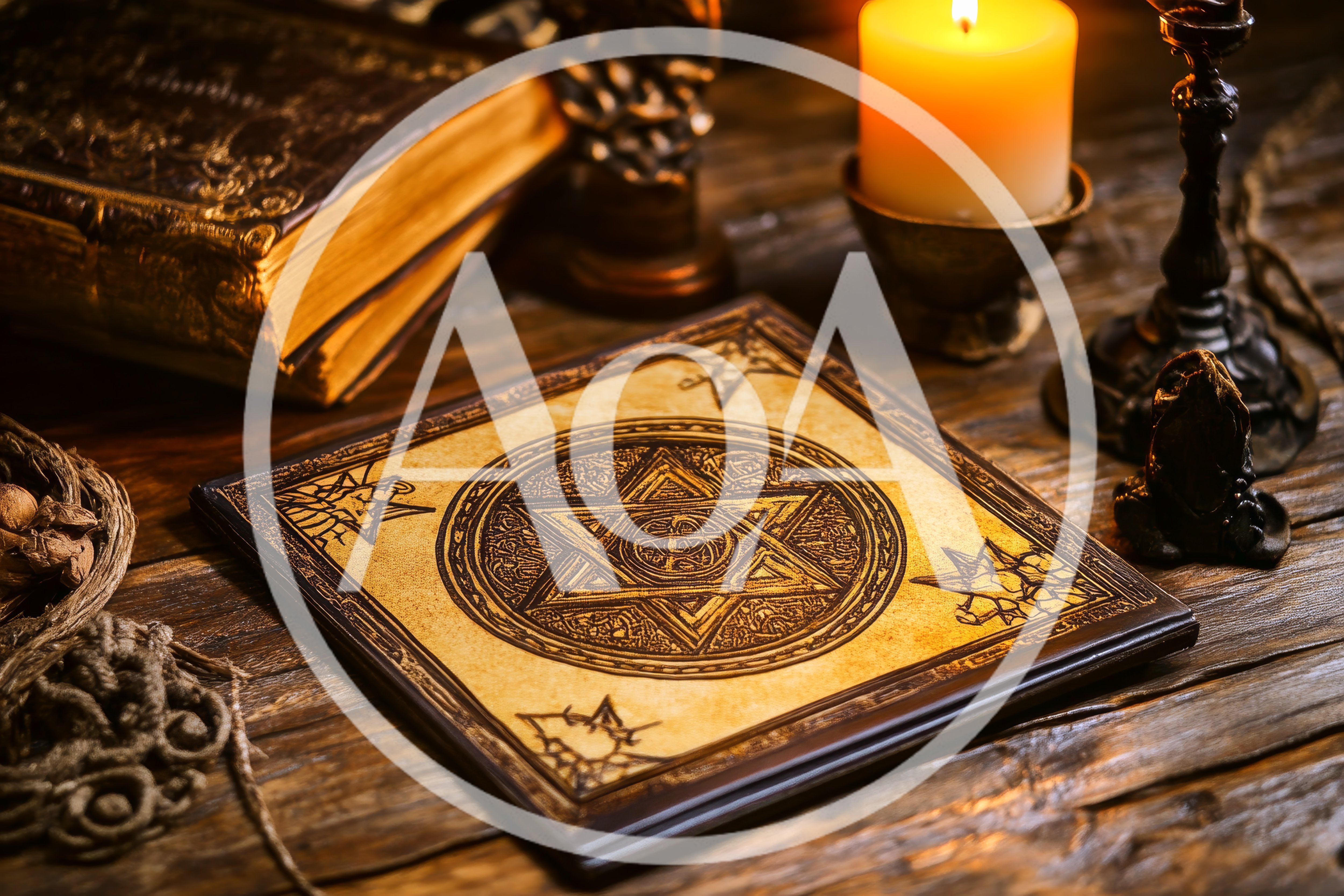 Occult Book With Hexagram Symbol On Wooden Table
