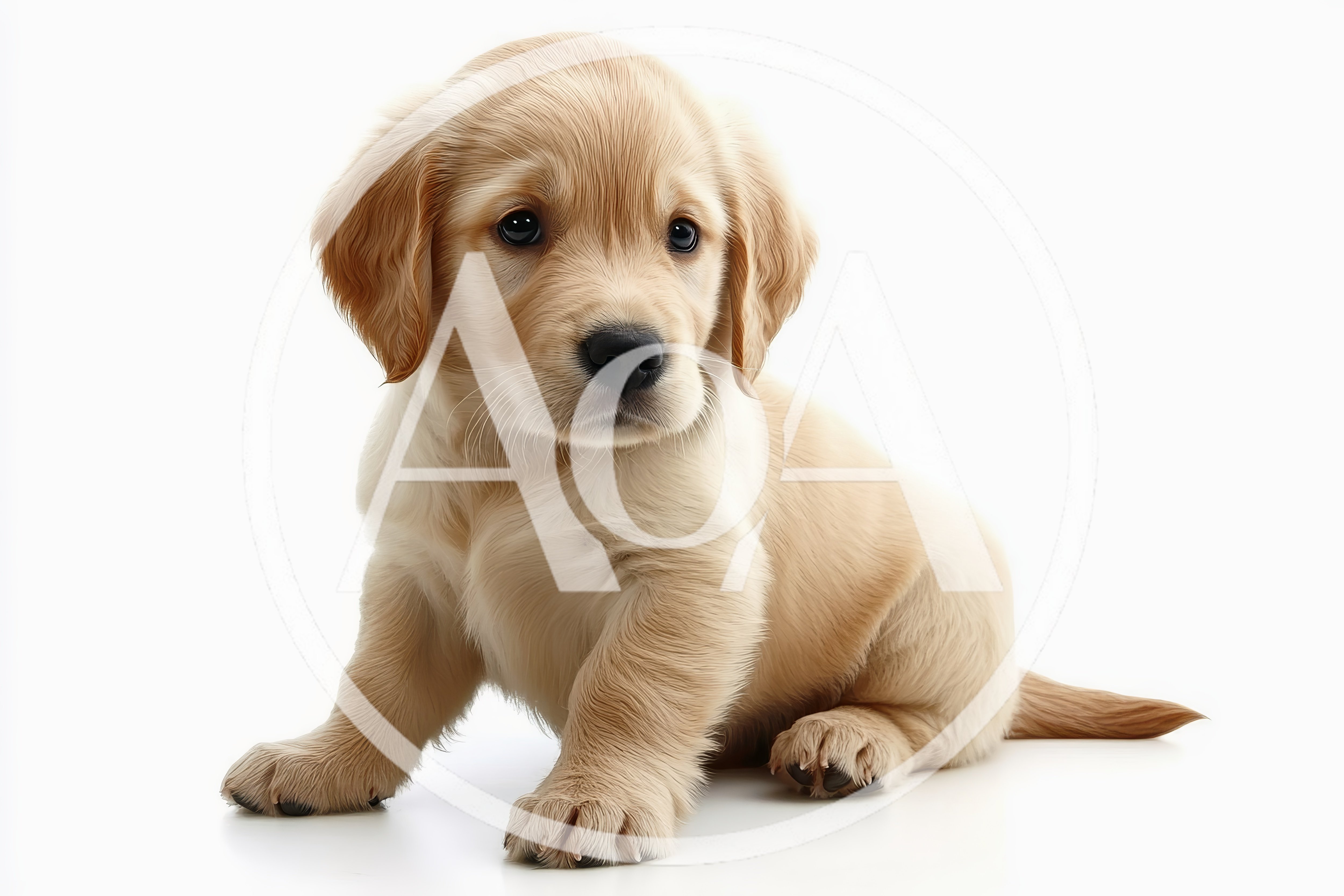 Adorable Golden Retriever Puppy Sitting On White Background