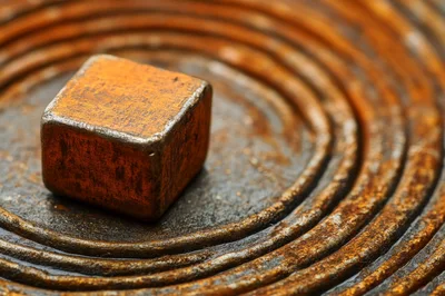 Rusty Metal Cube Resting On Concentric Circular Rings