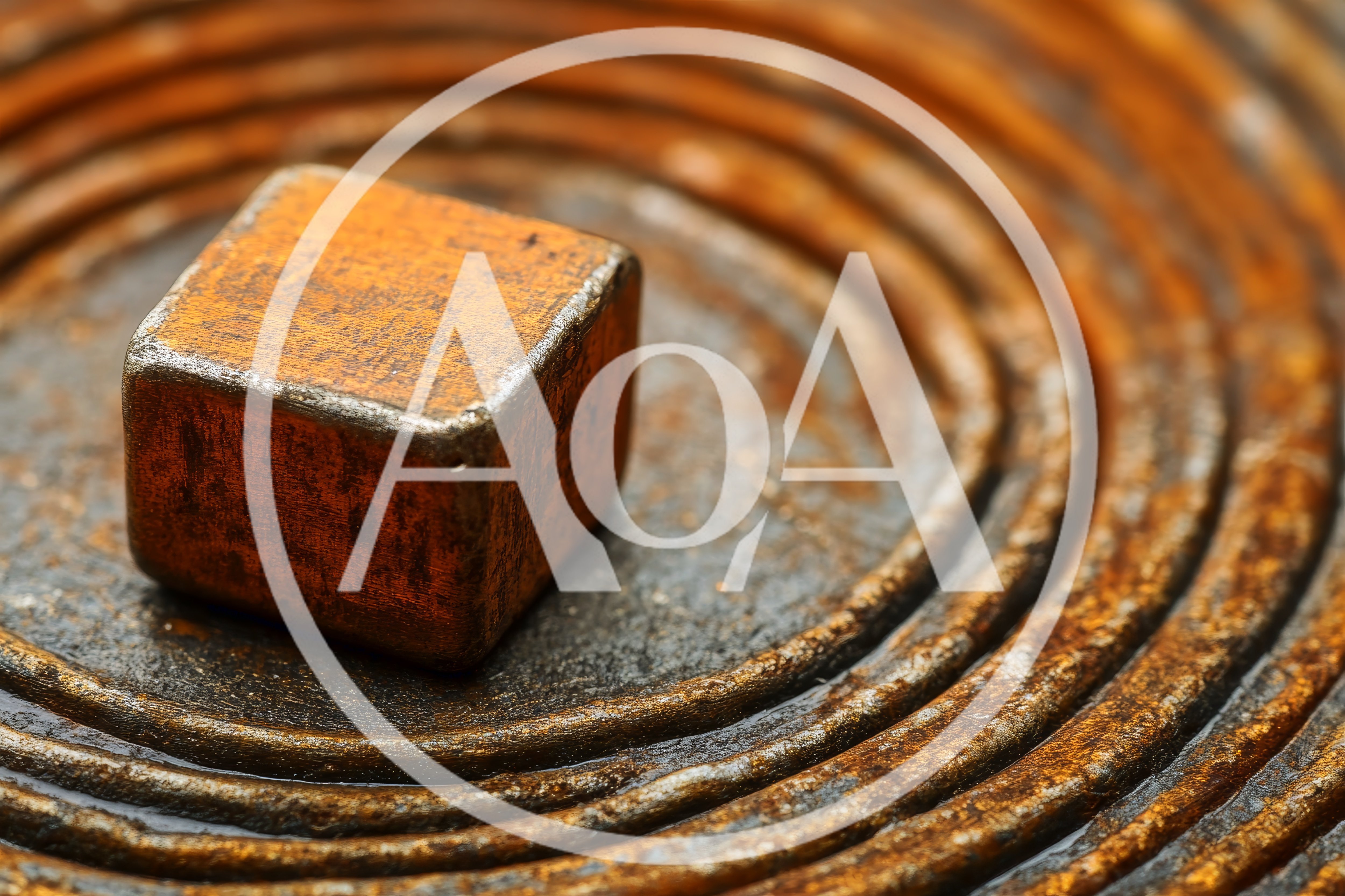 Rusty Metal Cube Resting On Concentric Circular Rings