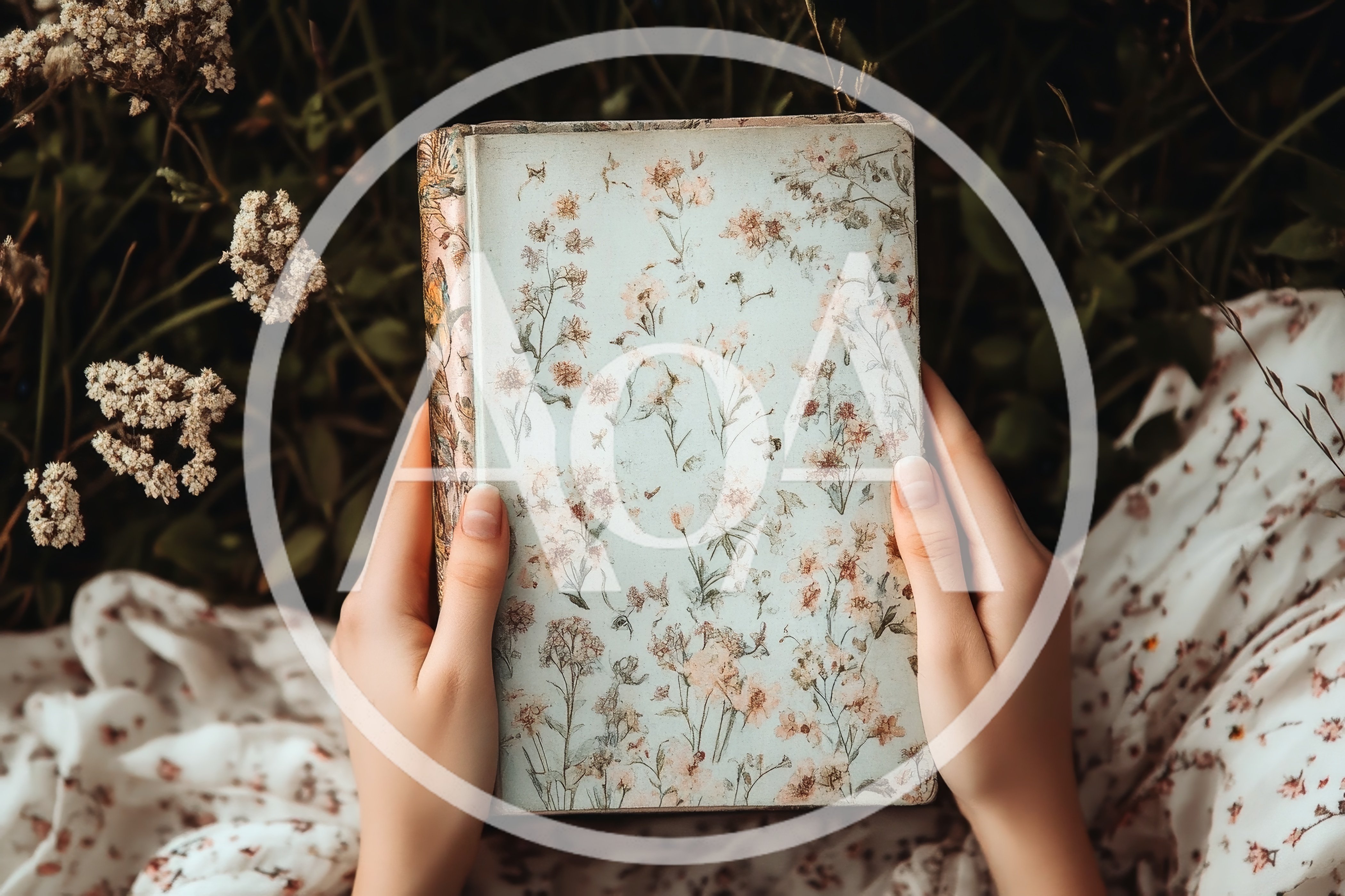 Woman Holding Vintage Floral Journal In A Meadow