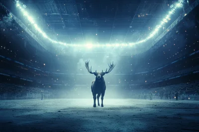 Majestic Moose Standing Alone in a Dark Stadium