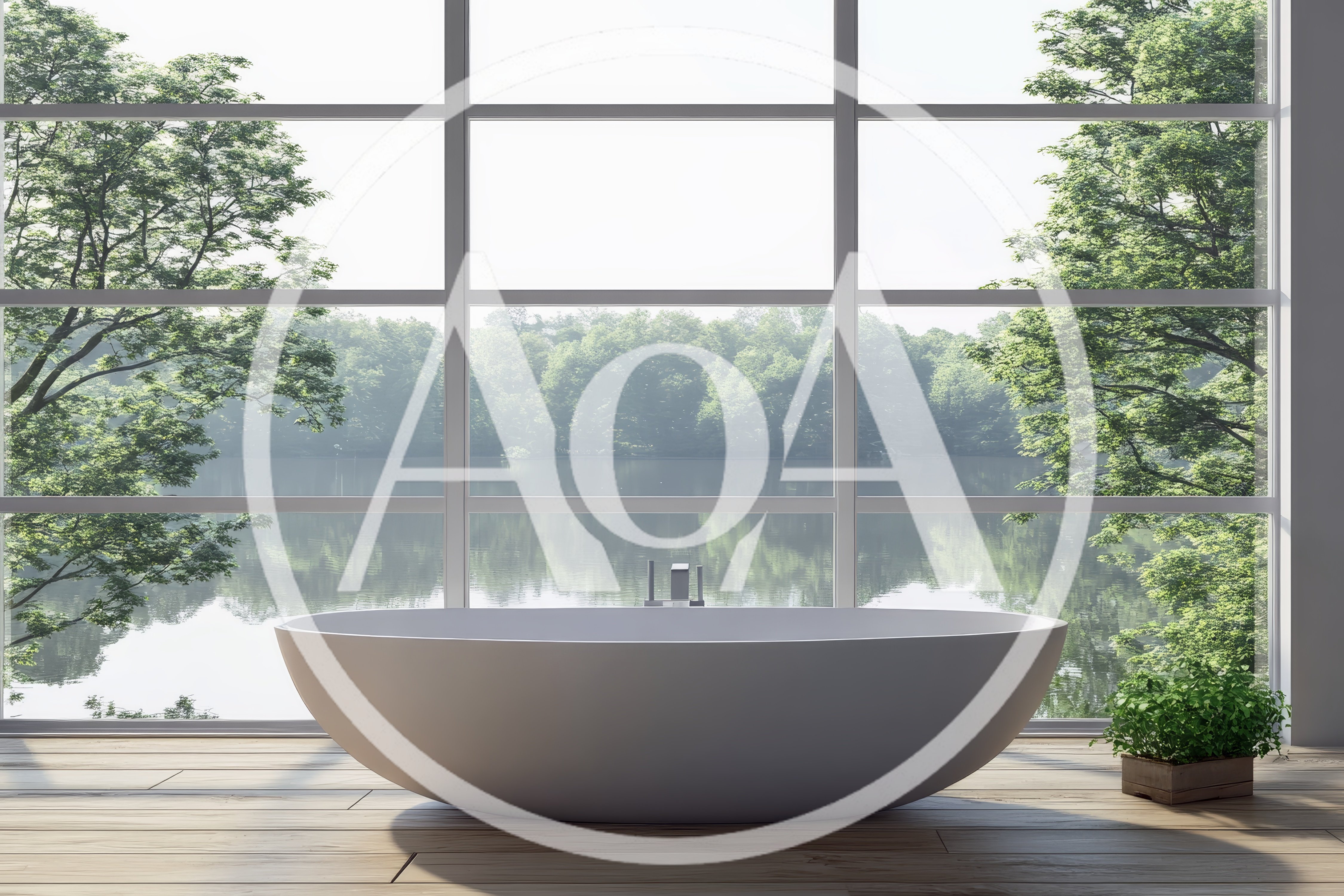 Modern Freestanding Bathtub In Minimalist Bathroom With Lake View