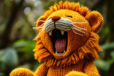 Knitted Lion Toy Yawning In Nature