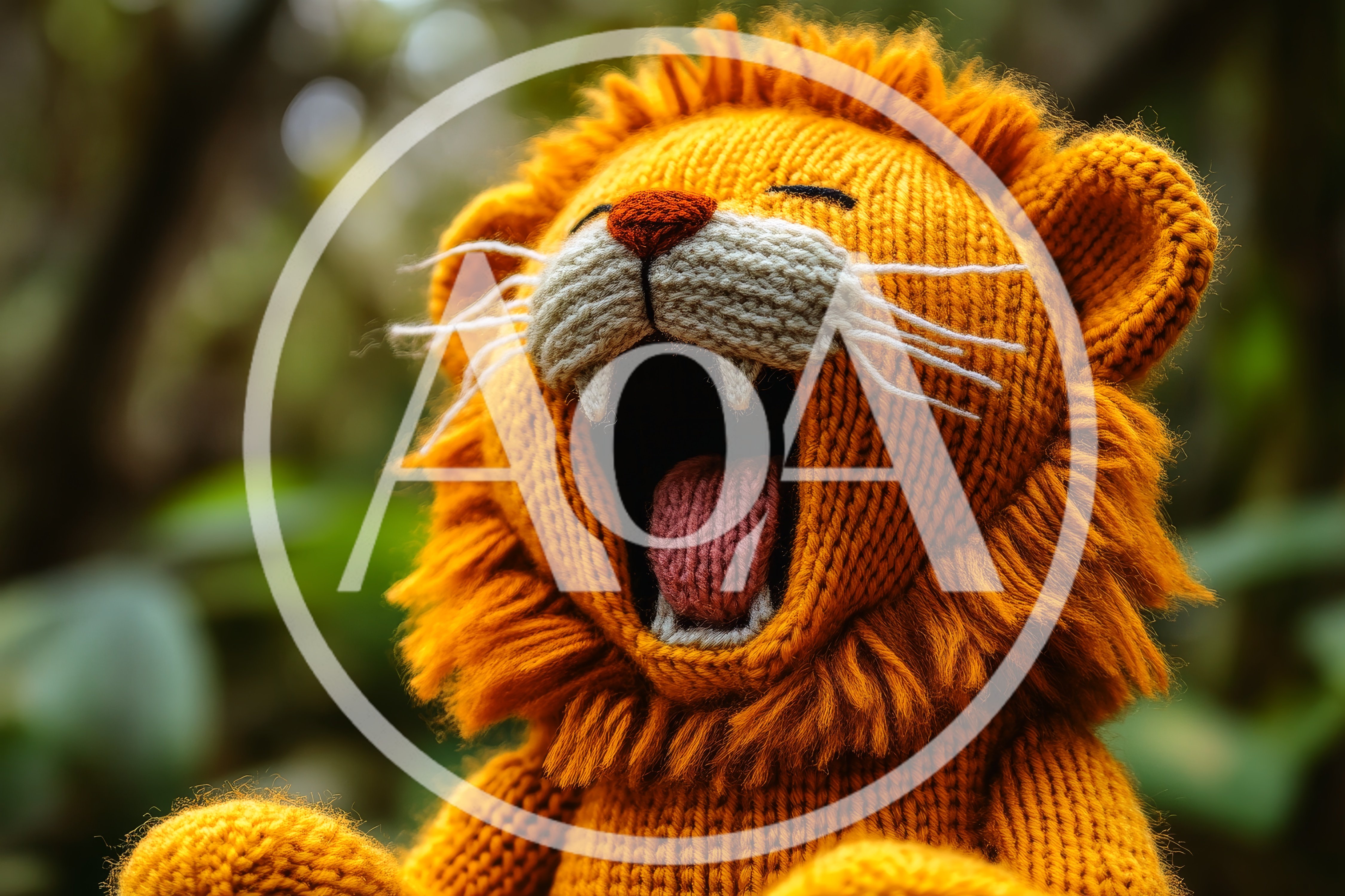 Knitted Lion Toy Yawning In Nature