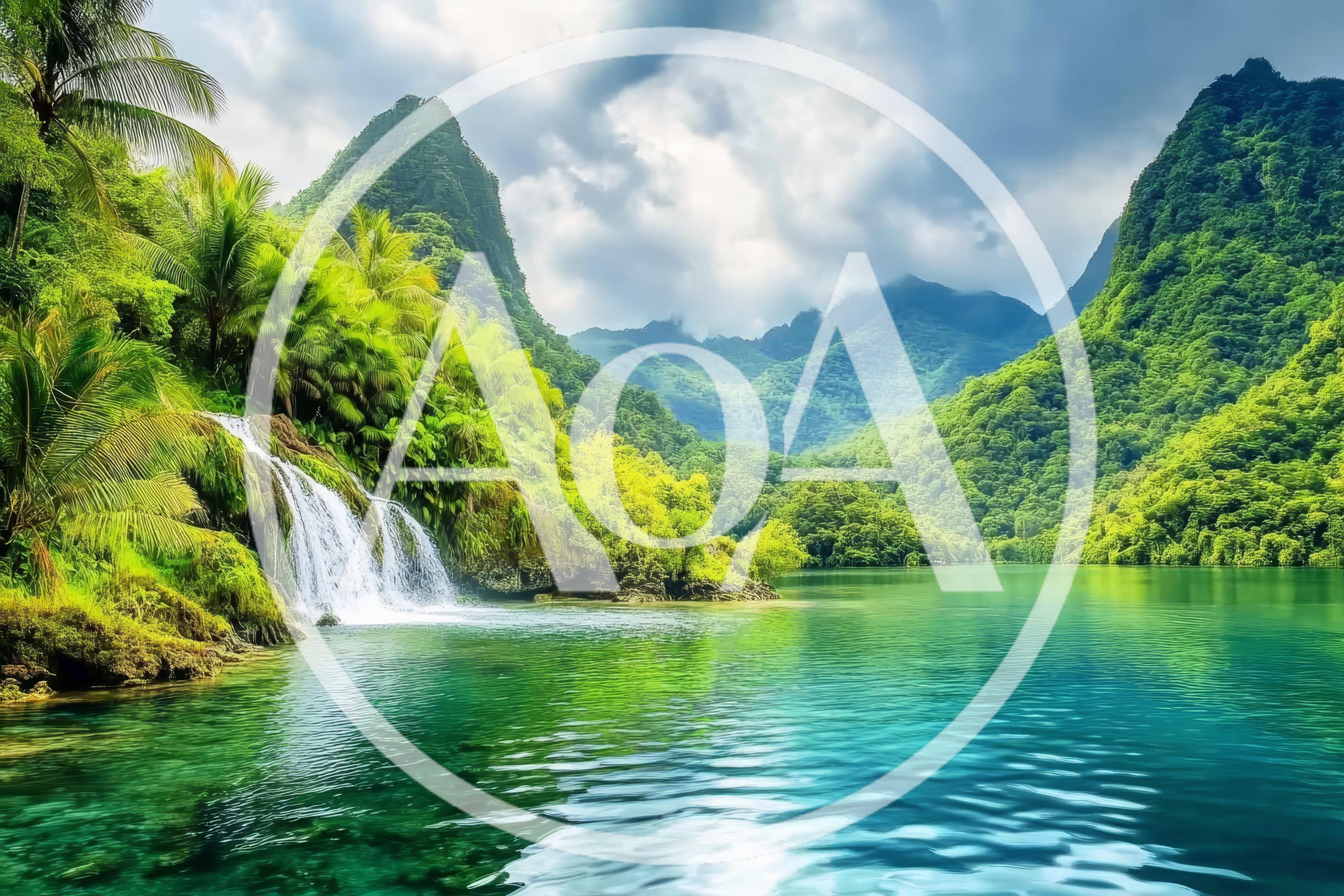 Tropical Waterfall Cascading Into A Serene Turquoise Lagoon