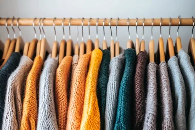 Row Of Colorful Knitted Sweaters Hanging On Wooden Hangers