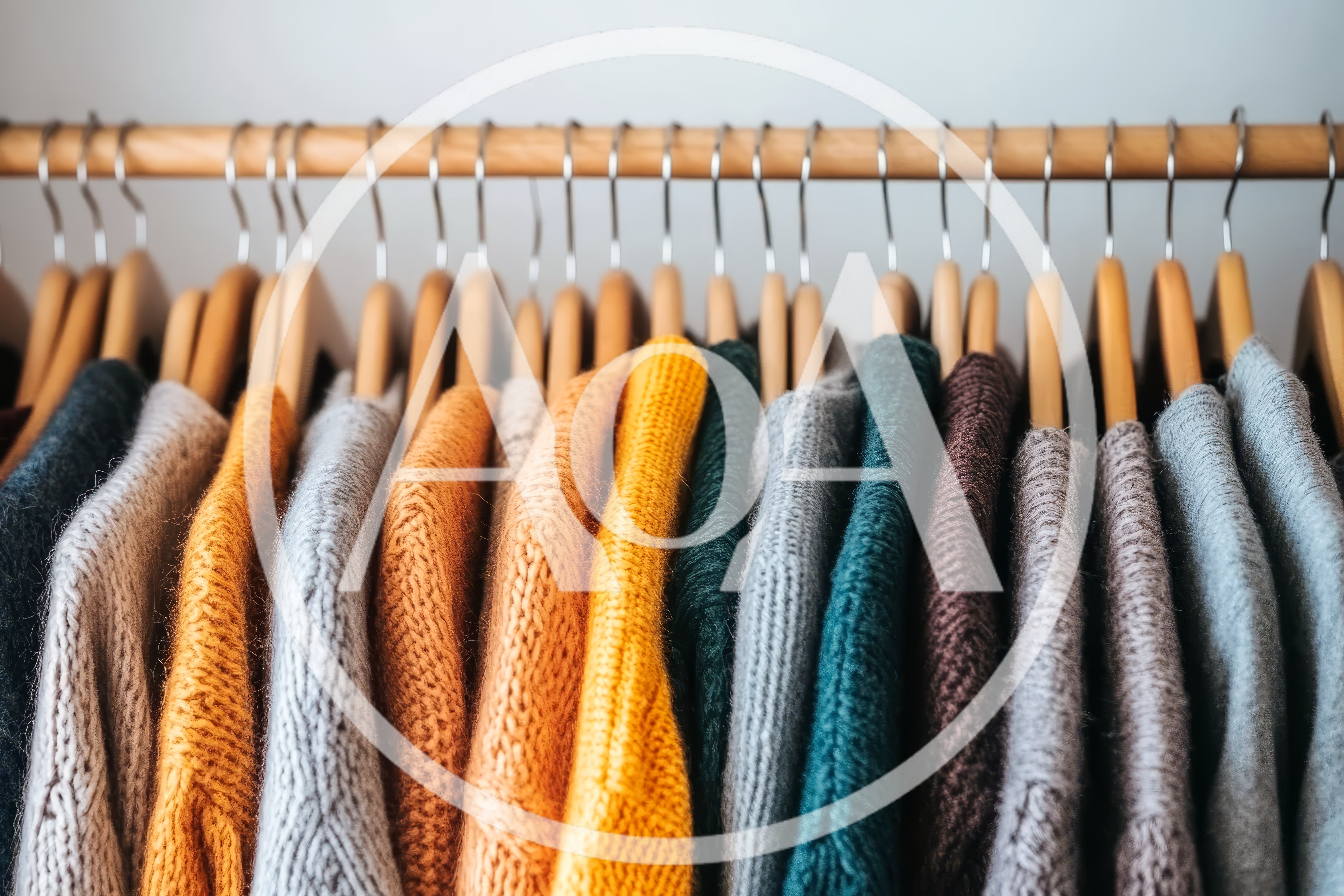 Row Of Colorful Knitted Sweaters Hanging On Wooden Hangers