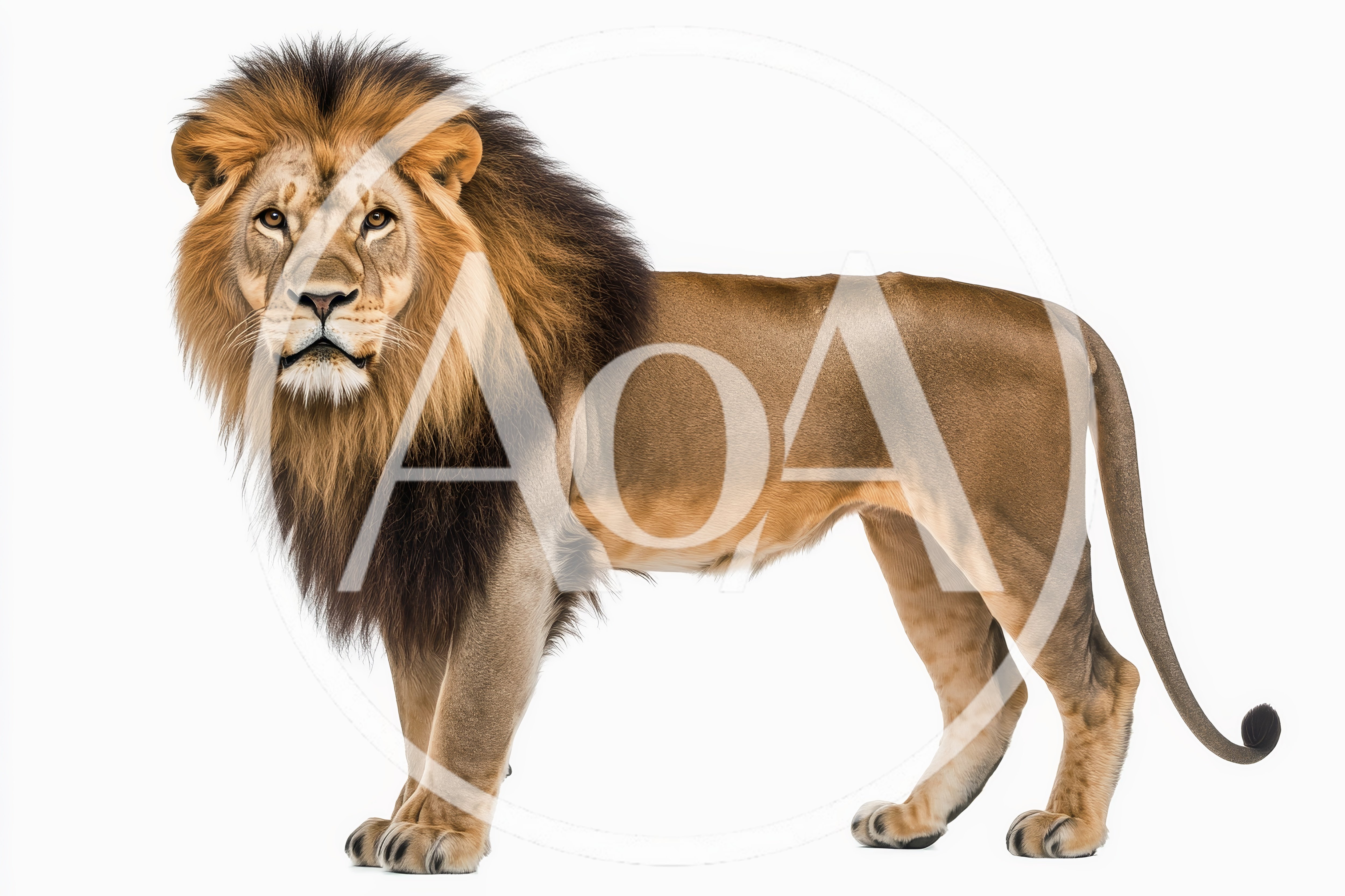 Majestic Male Lion Standing Against White Background