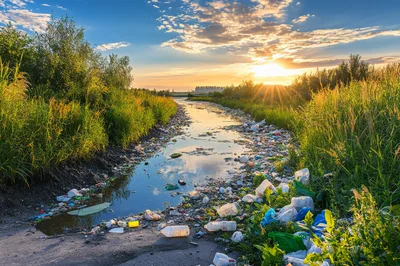 Polluted River Stream Filled With Plastic Waste