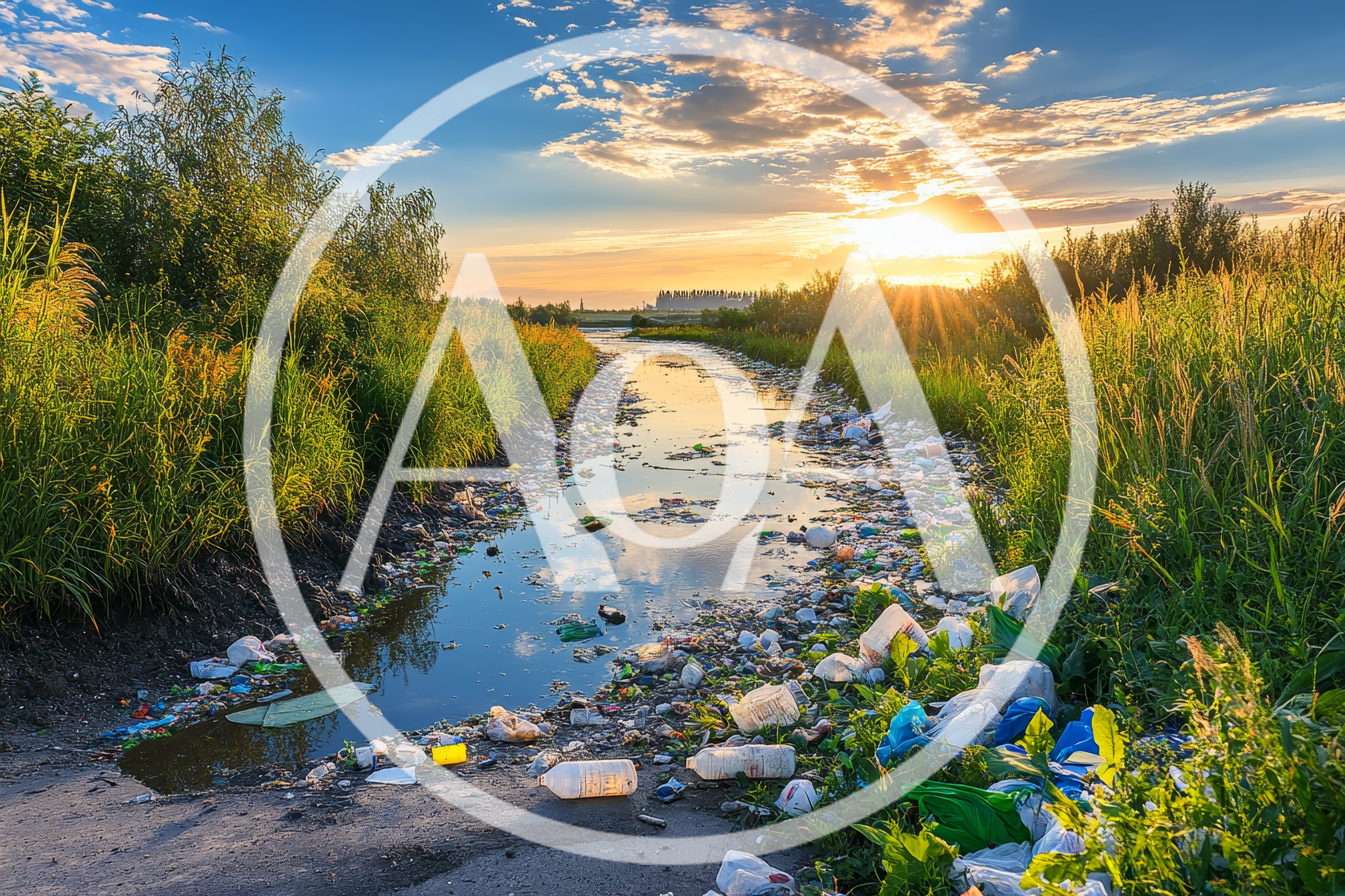 Polluted River Stream Filled With Plastic Waste