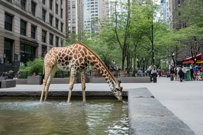 Giraffe Drinking Water From A City Fountain