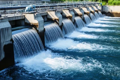 Water Flowing Over Concrete Dam Spillway