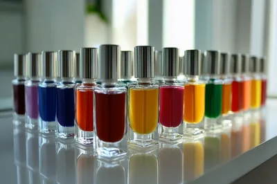 Colorful Perfume Bottles Arranged In Rows On A Table