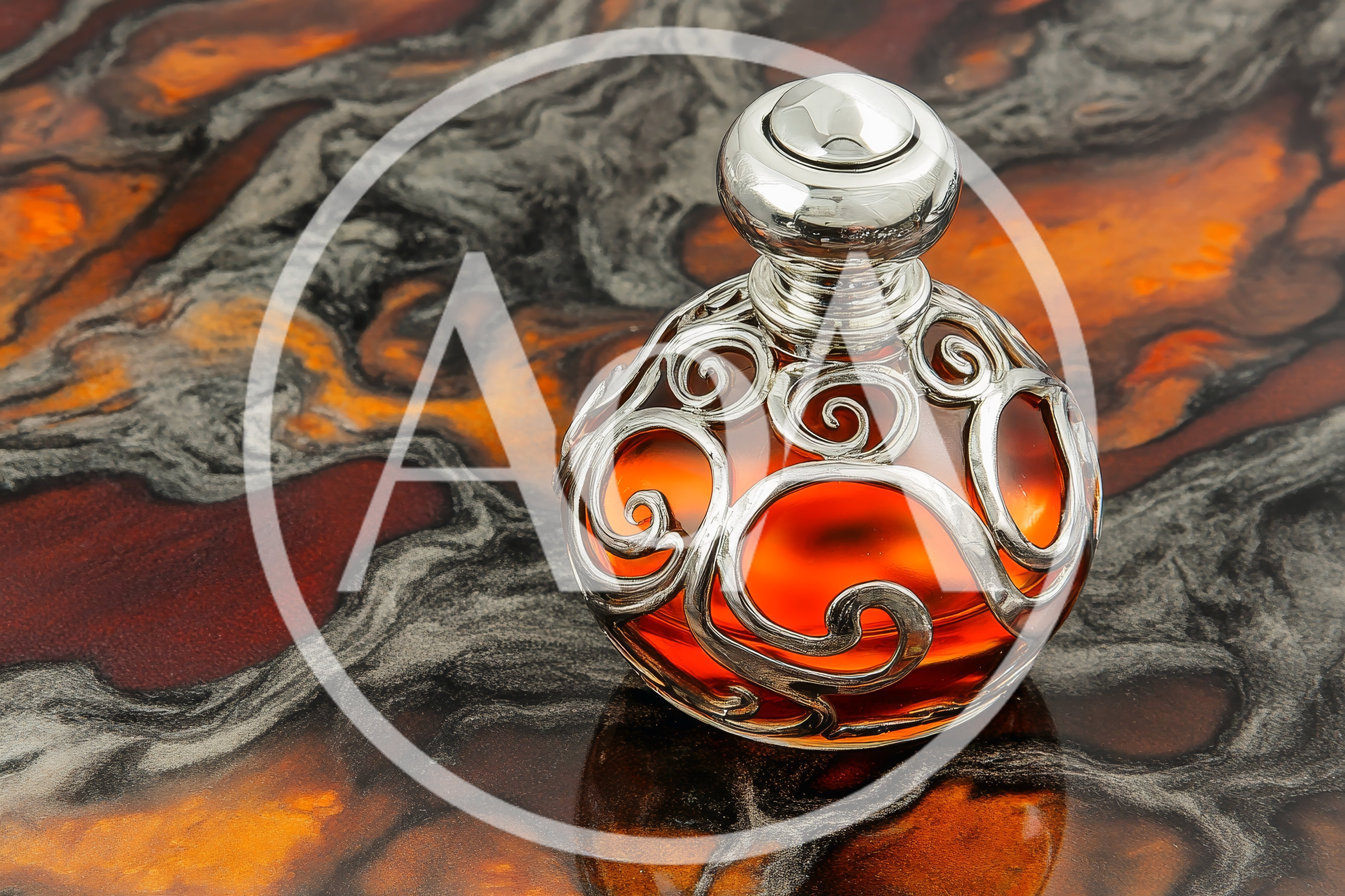 Ornate Silver Perfume Bottle on Swirled Resin Surface