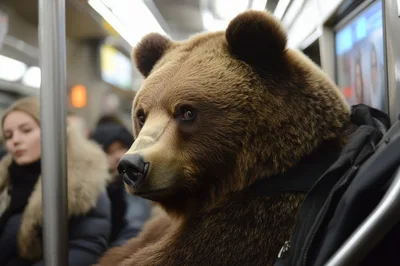 Brown Bear Sitting Among Passengers On A Subway Train