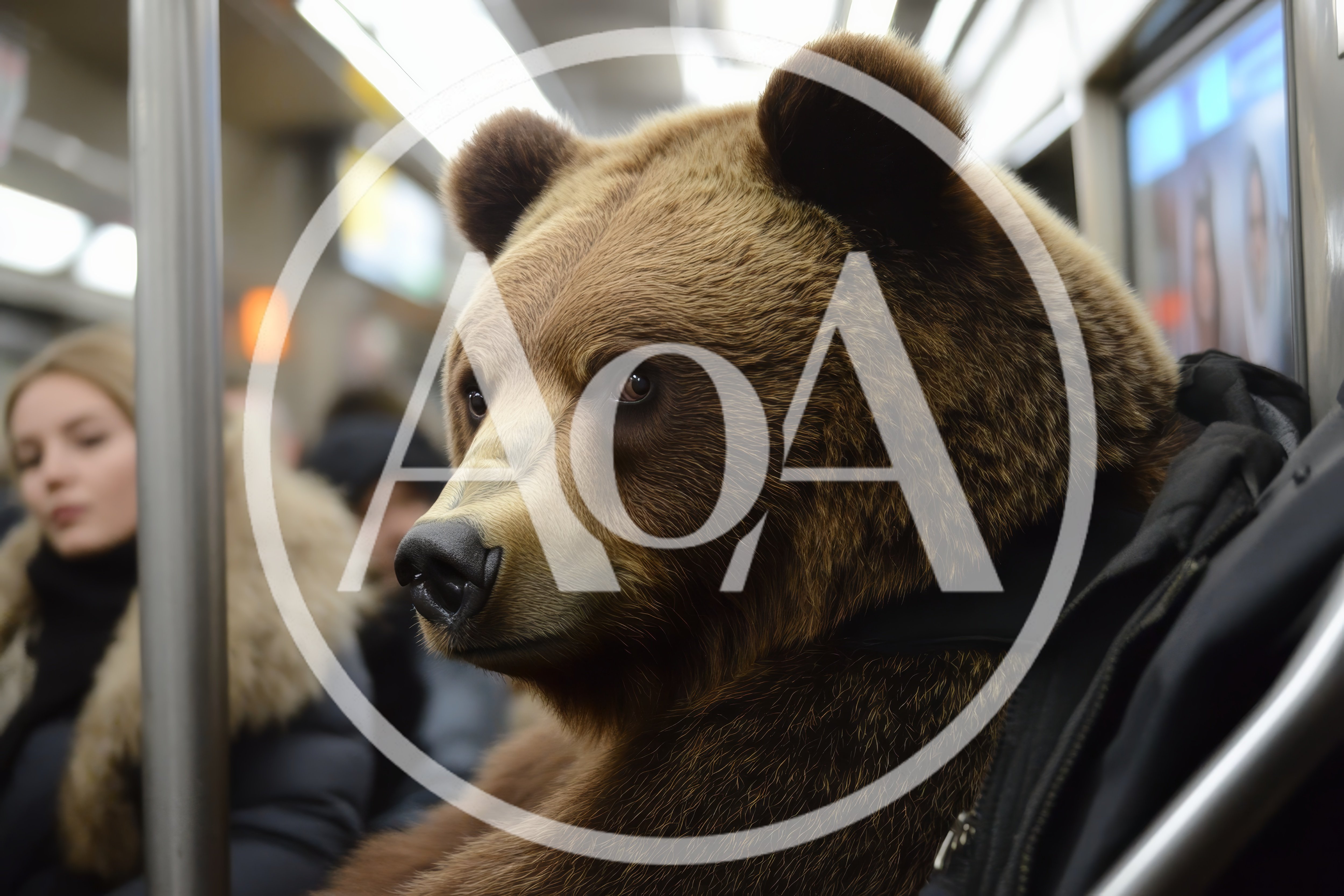 Brown Bear Sitting Among Passengers On A Subway Train