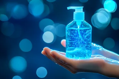 Hands Holding A Bottle Of Blue Hand Sanitizer